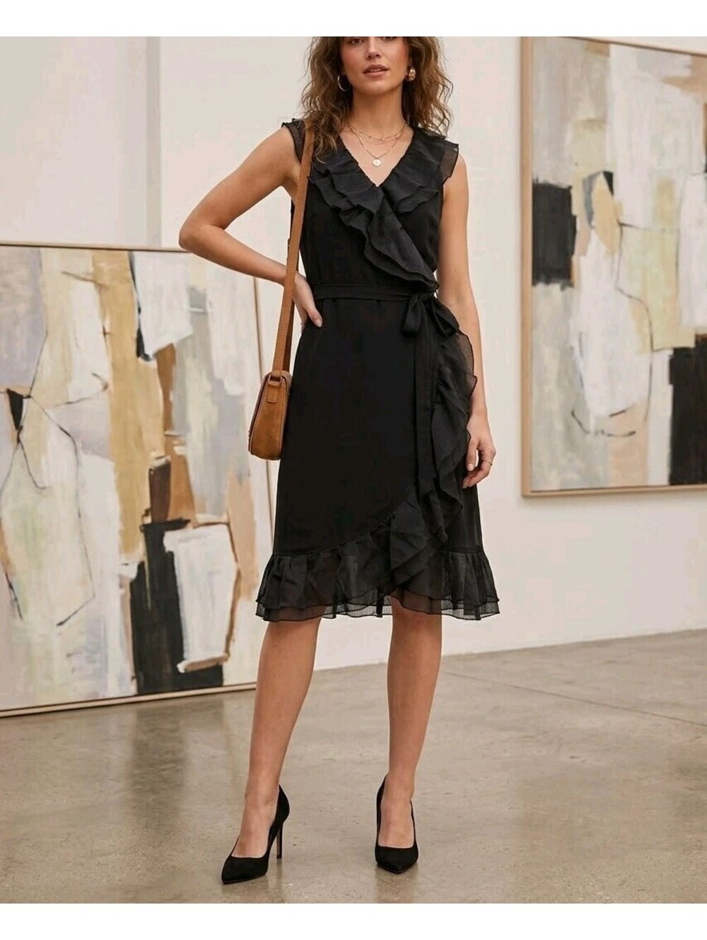 White House Black Market Dress Womens 0 Black Ruffle Wrap Chiffon Knee Party